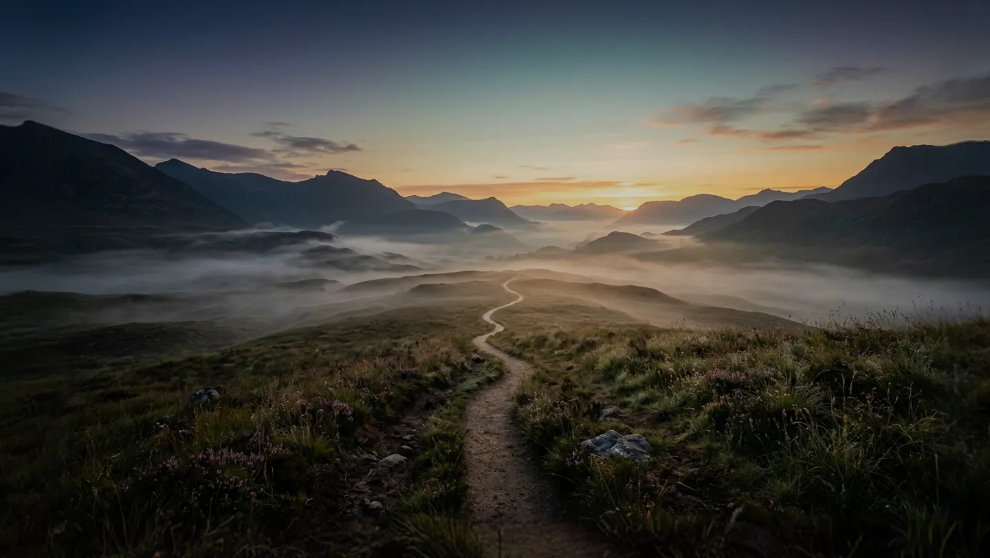 Ein Pfad inmitten eines Bergpanoramas, der in die Ferne führt. Die sonne geht auf und über dem Boden liegt leichter Nebel.